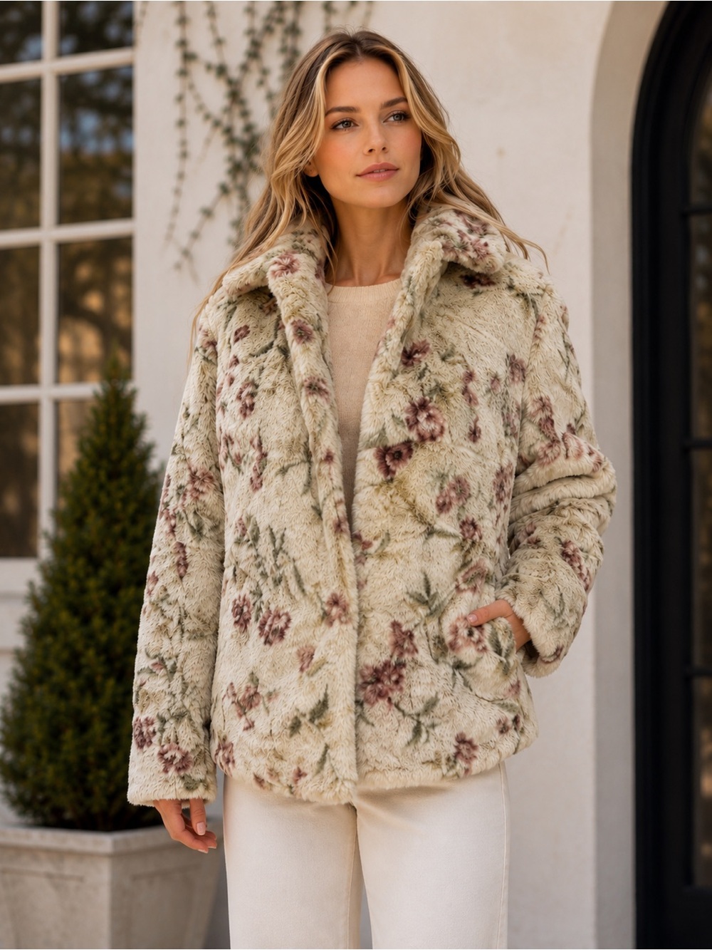 Black Rivet Floral Teddy Jacket Faux Fur Coat Small